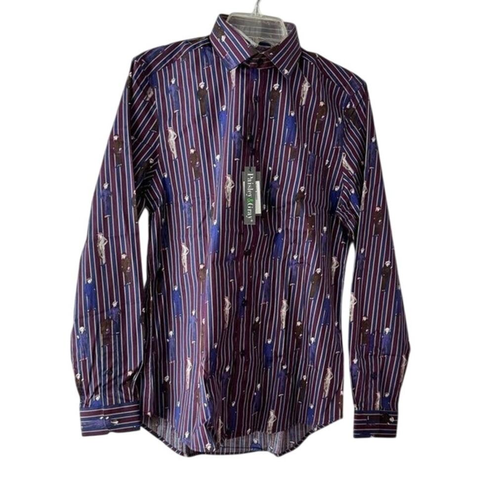Paisley & Gray Men’s Slim Fit Dress Shirt M Striped Man Print Burgundy Navy NWT